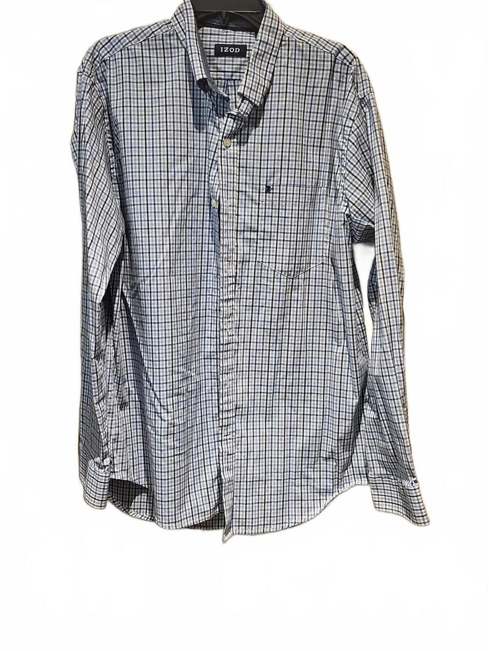 Izod Mens Dress Shirt Long Sleeved Checkered Blue, Black and Gray Size L